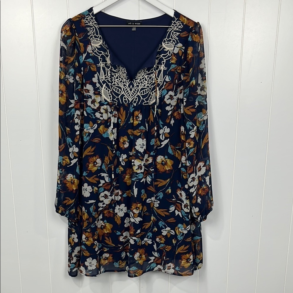 As U Wish Womens Mini Dress L Navy Cream Floral Print Lined Long Sheer Sleeves